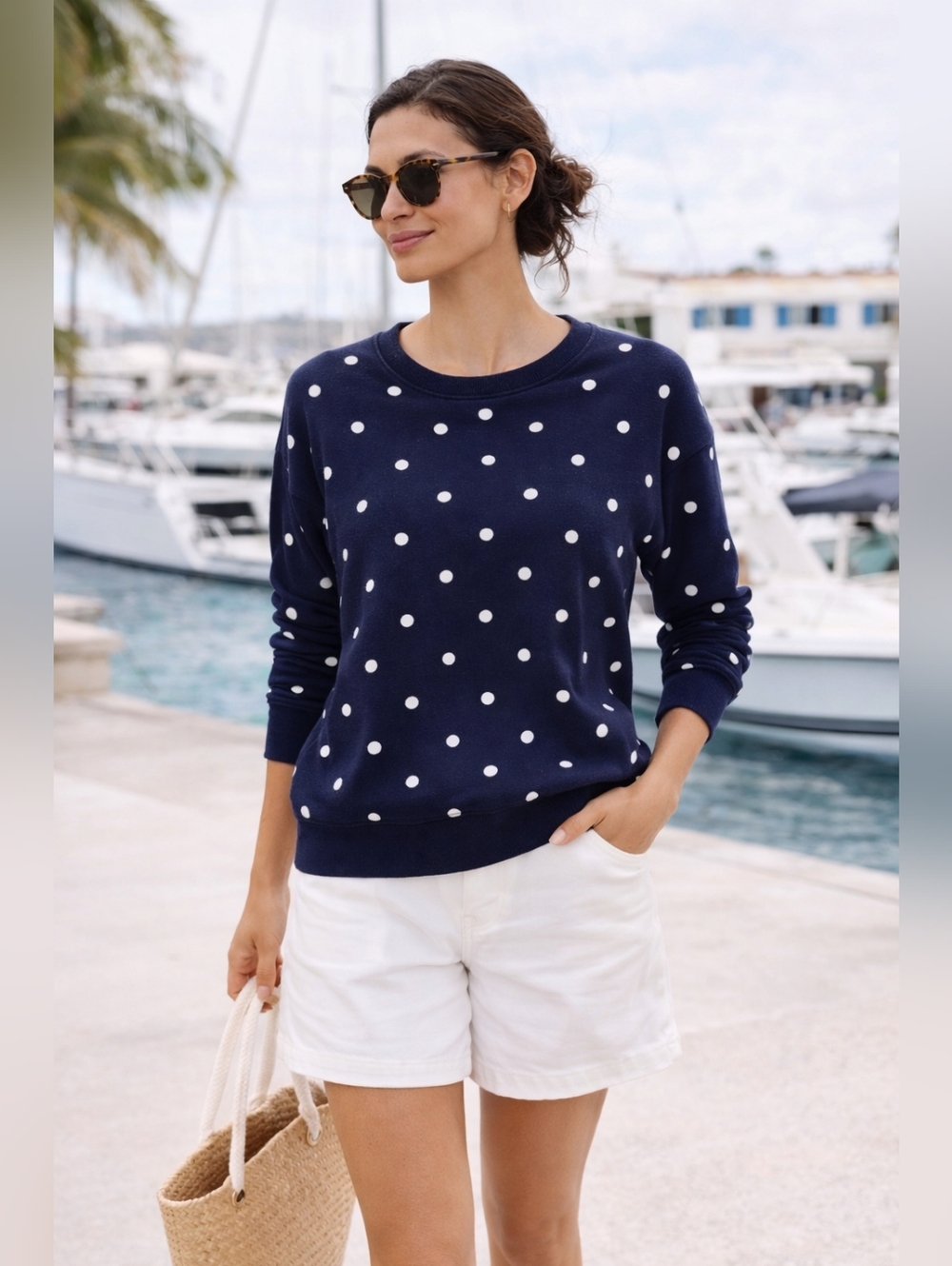 FOUND Denim Blue Polka Dot Sweatshirt XS French Girl Crewneck Casual Luxe Top